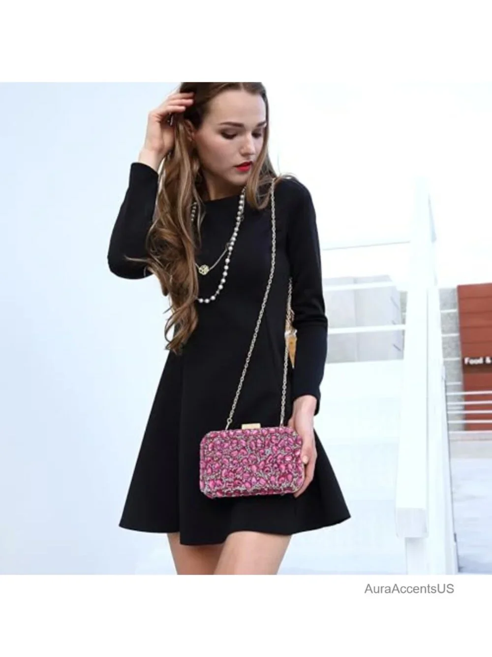 Crystal Clutch Evening Bag with Gold Frame and Chain Strap